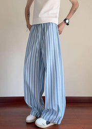 Blue Striped Lace Up Cotton Summer Men Pants Elastic Waist