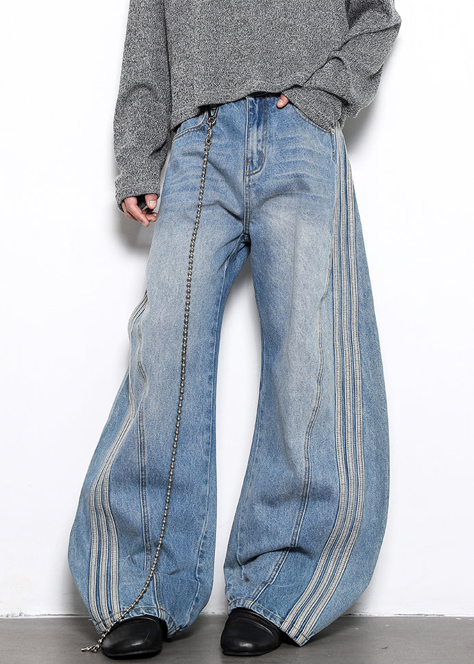 Blue Striped Patchwork Denim Mens Wide Leg Pants High Waist