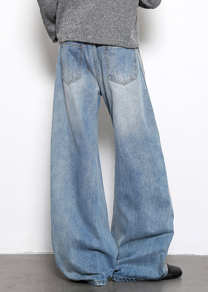 Blue Striped Patchwork Denim Mens Wide Leg Pants High Waist