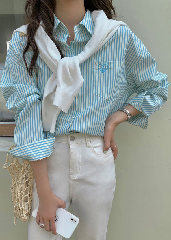 Blue Striped Pockets Cotton Fall Shirt Peter Pan Collar