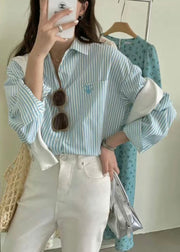 Blue Striped Pockets Cotton Fall Shirt Peter Pan Collar