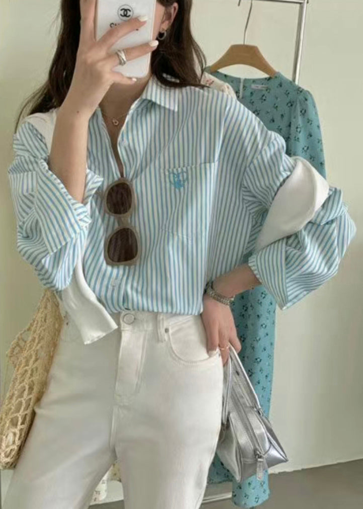 Blue Striped Pockets Cotton Fall Shirt Peter Pan Collar