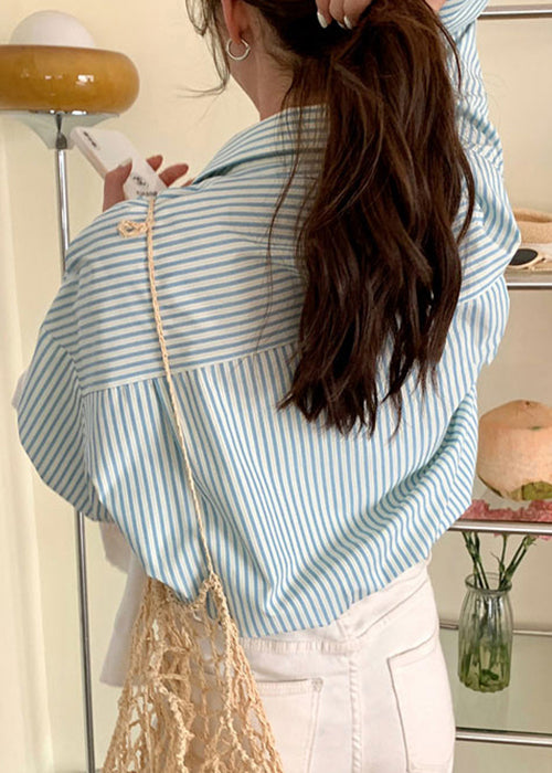 Blue Striped Pockets Cotton Fall Shirt Peter Pan Collar
