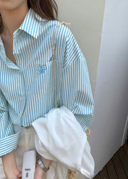 Blue Striped Pockets Cotton Fall Shirt Peter Pan Collar