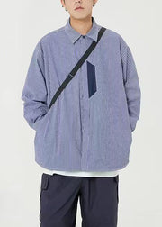 Blue Striped Pockets Cotton Shirts Men Peter Pan Collar Spring