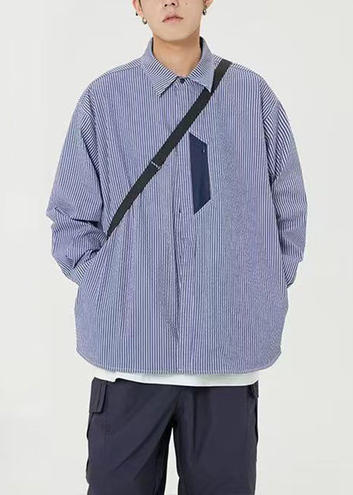 Blue Striped Pockets Cotton Shirts Men Peter Pan Collar Spring