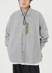 Blue Striped Pockets Cotton Shirts Men Peter Pan Collar Spring