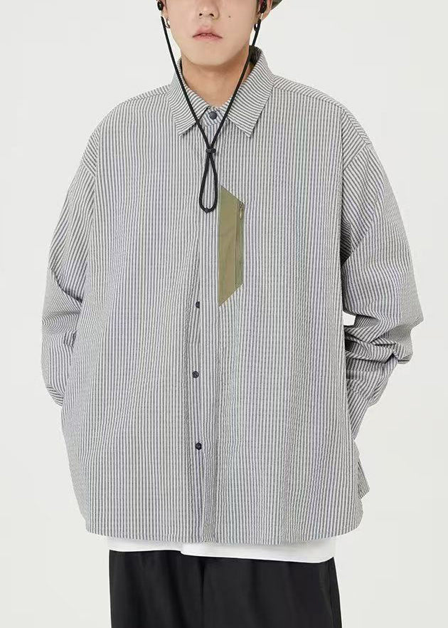 Blue Striped Pockets Cotton Shirts Men Peter Pan Collar Spring