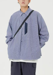Blue Striped Pockets Cotton Shirts Men Peter Pan Collar Spring