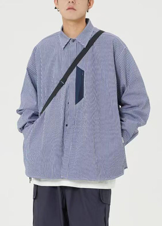 Blue Striped Pockets Cotton Shirts Men Peter Pan Collar Spring