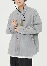 Blue Striped Pockets Cotton Shirts Men Peter Pan Collar Spring