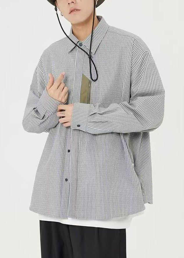 Blue Striped Pockets Cotton Shirts Men Peter Pan Collar Spring