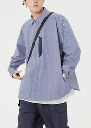 Blue Striped Pockets Cotton Shirts Men Peter Pan Collar Spring