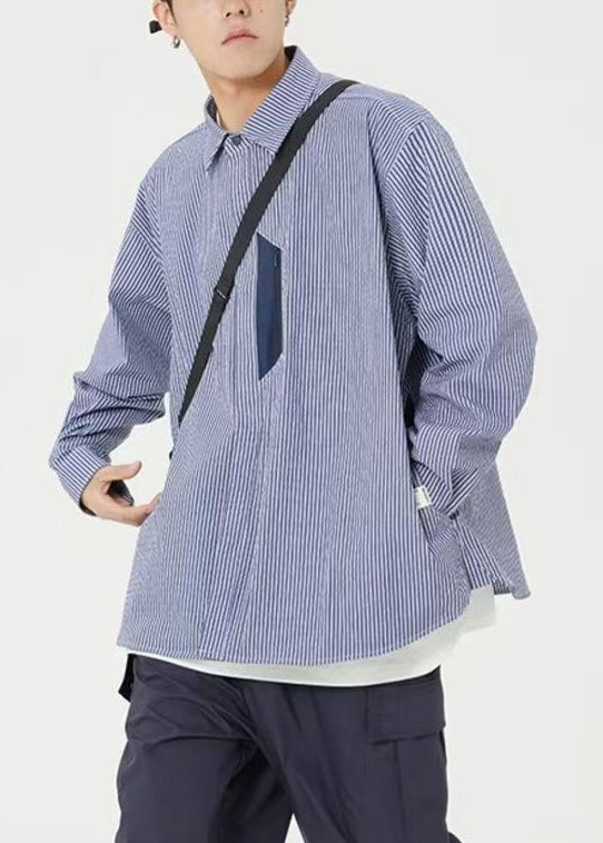Blue Striped Pockets Cotton Shirts Men Peter Pan Collar Spring