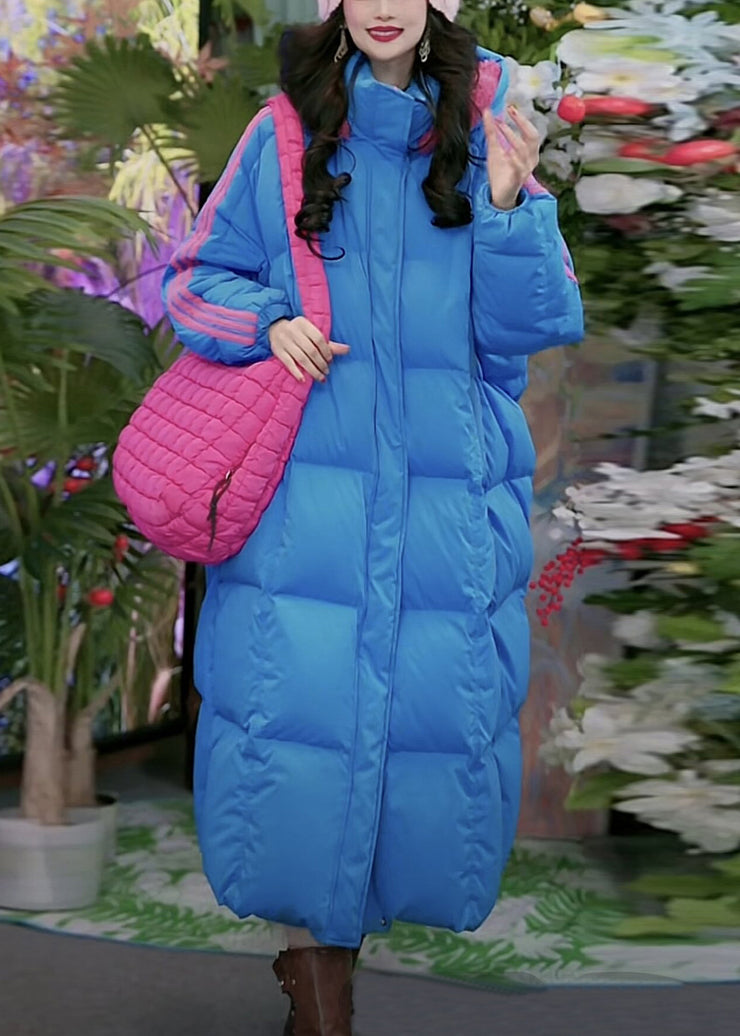 Blue Striped Pockets Duck Down Winter Puffer Long Coat Hooded