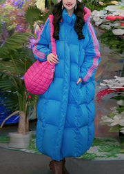 Blue Striped Pockets Duck Down Winter Puffer Long Coat Hooded