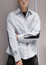 Blue Striped Pockets Patchwork Cotton Men Shirts Peter Pan Collar Spring