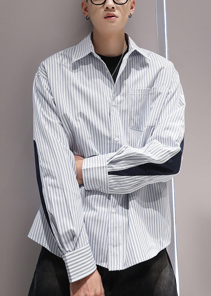 Blue Striped Pockets Patchwork Cotton Men Shirts Peter Pan Collar Spring