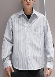 Blue Striped Pockets Patchwork Cotton Men Shirts Peter Pan Collar Spring