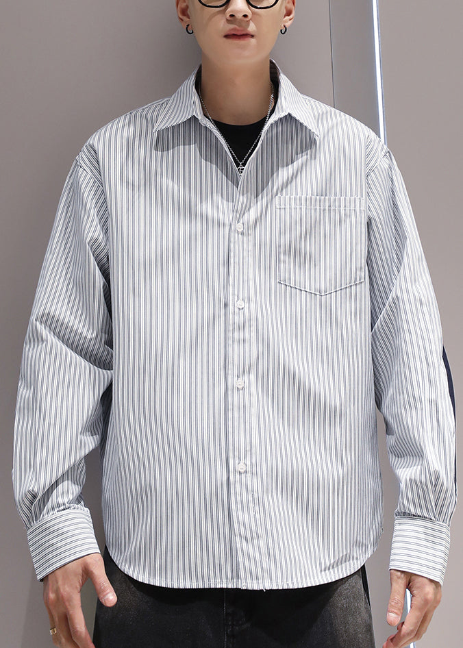 Blue Striped Pockets Patchwork Cotton Men Shirts Peter Pan Collar Spring