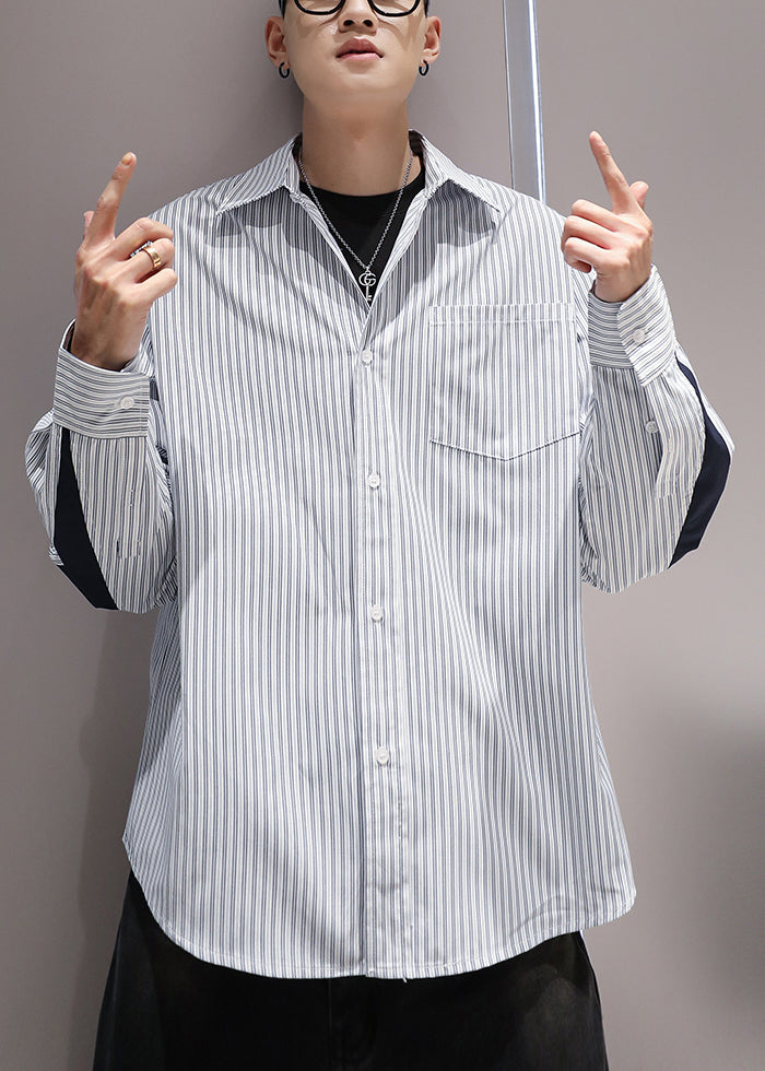 Blue Striped Pockets Patchwork Cotton Men Shirts Peter Pan Collar Spring