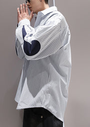 Blue Striped Pockets Patchwork Cotton Men Shirts Peter Pan Collar Spring