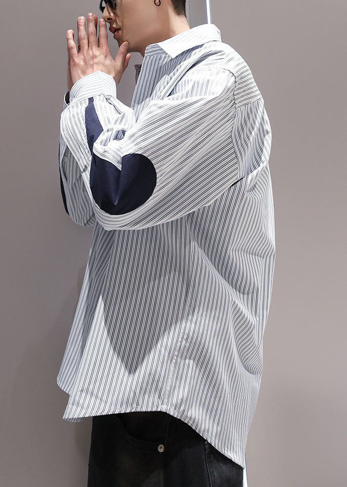 Blue Striped Pockets Patchwork Cotton Men Shirts Peter Pan Collar Spring