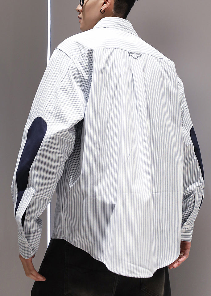 Blue Striped Pockets Patchwork Cotton Men Shirts Peter Pan Collar Spring