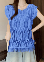 Blue Tasseled Solid Cotton Tank O-Neck Summer