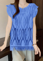 Blue Tasseled Solid Cotton Tank O-Neck Summer