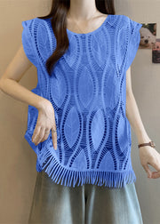 Blue Tasseled Solid Cotton Tank O-Neck Summer