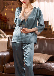 Blue Tops And Crop Pants Silk Fall Pajamas Two Piece Set O Neck