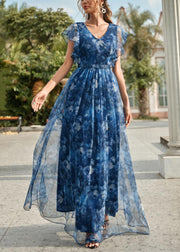 Blue V Neck Patchwork Tulle Long Dresses Short Sleeve