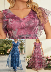 Blue V Neck Patchwork Tulle Long Dresses Short Sleeve
