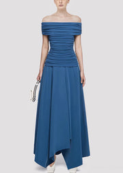 Blue Wrinkled Solid Cotton Knit Summer Long Dresses Slash Neck