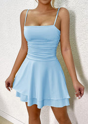 Blue Wrinkled Solid Sleeveless Spaghetti Strap Dress Strapless