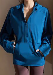 Blue Zippered Drawstring Loose Hooded Yoga Coats