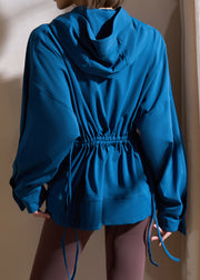 Blue Zippered Drawstring Loose Hooded Yoga Coats