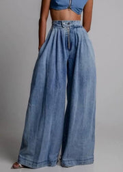Blue Zippered Pockets High Waist Denim Wide Leg Pants Button