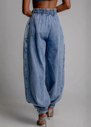 Blue Zippered Pockets High Waist Denim Wide Leg Pants Button