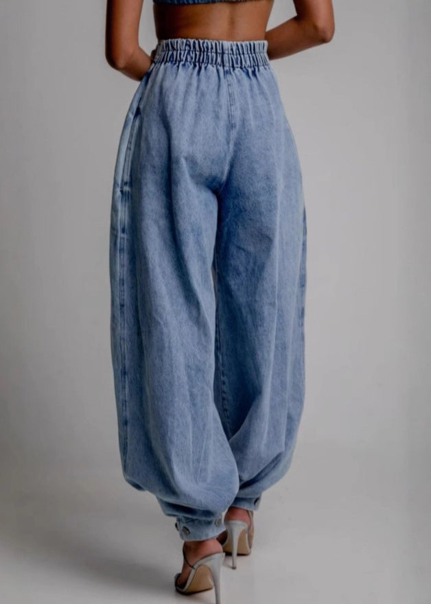 Blue Zippered Pockets High Waist Denim Wide Leg Pants Button