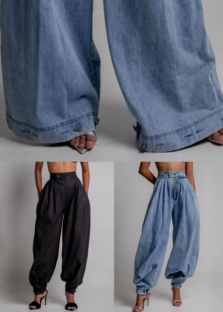 Blue Zippered Pockets High Waist Denim Wide Leg Pants Button