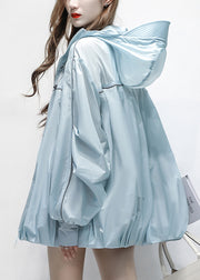 Blue Zippered Pockets Thin Cotton Summer Coats Hooded