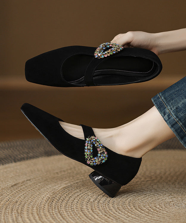 Blue Zircon Buckle Strap Splicing Suede Chunky Shoes