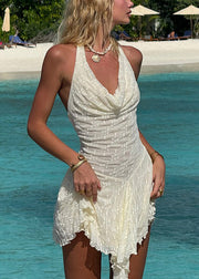 Bohemian Apricot Asymmetrical Backless Lace Mini Dresses Sleeveless