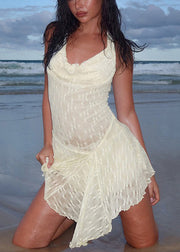 Bohemian Apricot Asymmetrical Backless Lace Mini Dresses Sleeveless