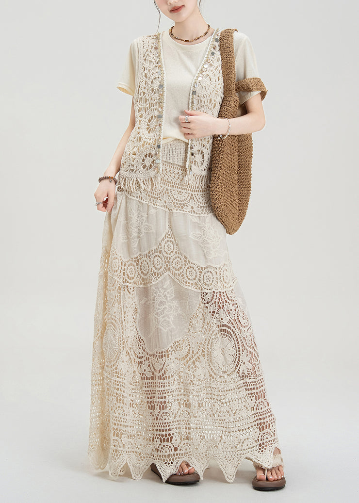 Bohemian Apricot Hollow Hook Flower Vest T-Shirt Skirt Set Summer