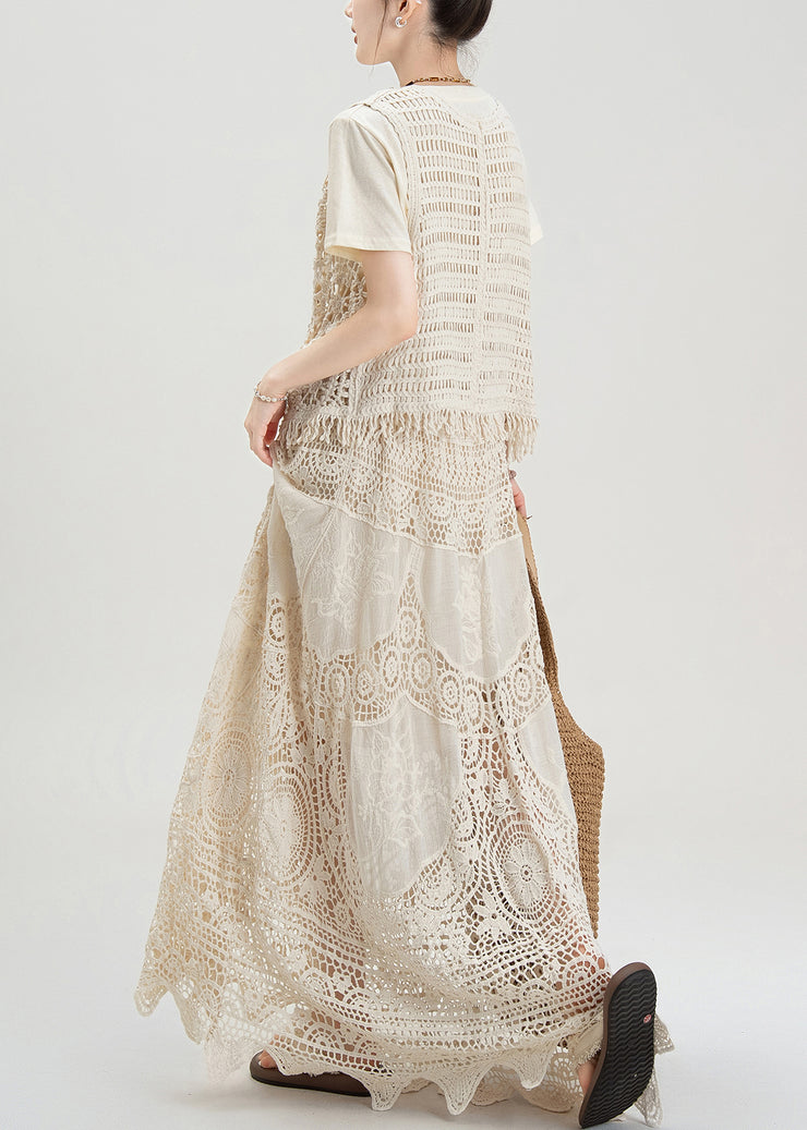 Bohemian Apricot Hollow Hook Flower Vest T-Shirt Skirt Set Summer