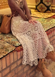 Bohemian Apricot Hollow Out Lace Elastic Waist Cotton Skirts Summer