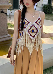 Bohemian Apricot Hollow Out Tasseled Strap Tank Summer